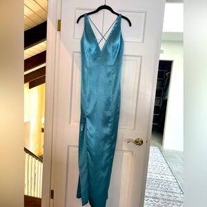 Elegant Blue Satin Gown - full length with side slit. Mermaid shimmer blue 🌸